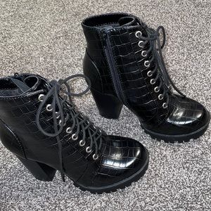 Black lace up heeled booties crocodile print